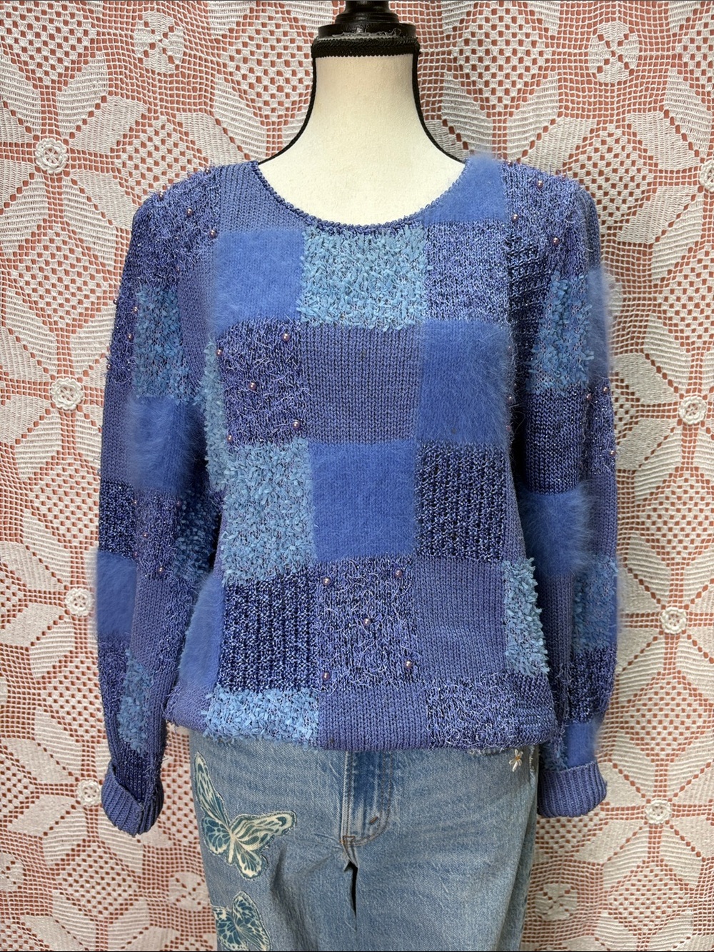 Vintage Lara Ferrante Angora Patchwork Sweater – Blue – L/G
